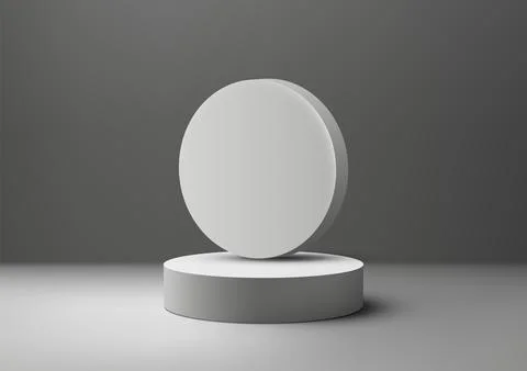 3D white podium with circle rests top of a white cylinder on gray background Stock Illustration