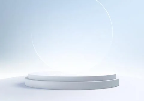 3D white podium stand with circle glass backdrop on blue sky background is .. Stock Illustration