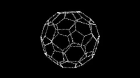 3D white polyhedral ball on black backdrop. Object consisting of flickering p Illustrazione stock
