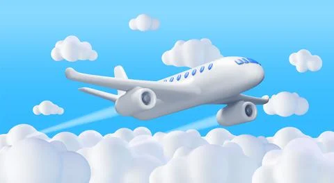 3D White Realistic Airplane in Clouds Stock Illustration