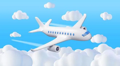 3D White Realistic Airplane in Clouds Stock Illustration