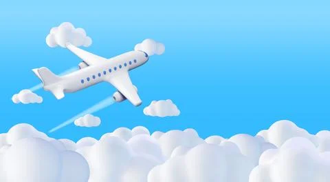 3D White Realistic Airplane in Clouds Stock Illustration