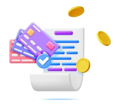 3D White Receipt with Checkmark Coin and Bank Card Stock Illustration