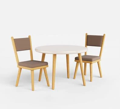 3d white round table and brown leather chairs on wood legs. Modern furniture for 스톡 일러스트