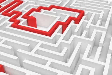3D white square labirynth with a red line showing the true path to exit in Stock Illustration