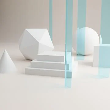 3d white stand render with simple 3d shapes and glass columns イラスト素材