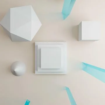 3d white stand render with simple 3d shapes and glass columns Stock Illustration