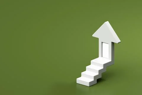 3d white stepped vertical arrow going up with entrance on green background Stock Illustration