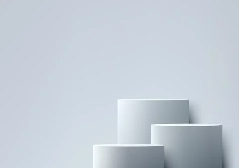 3D white three podiums in various sizes sits on a white background, Minimal.. Stock-Illustration