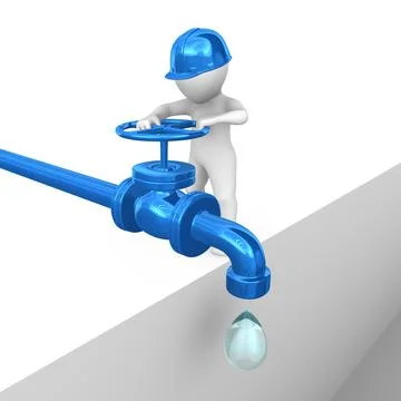 3d white worker opens a valve on an water pipe. Illustrazione stock