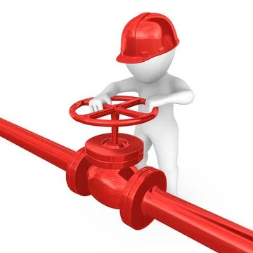 3d white worker worker closes the valve on the pipe Stock Illustration