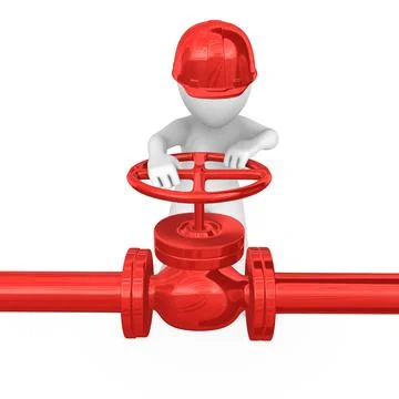 3d white worker worker opens the valve on the pipe. Stock Illustration