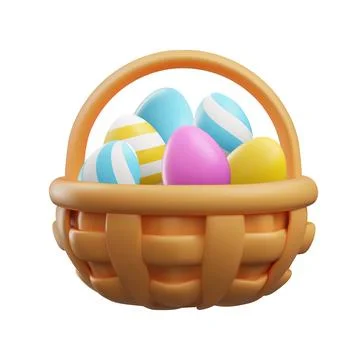 A 3D wicker Easter basket with colorful striped eggs. Stock Illustration