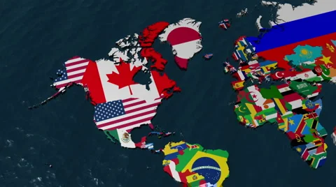3D Wide Flag World Map Zoom to USA Stock Footage 6753309