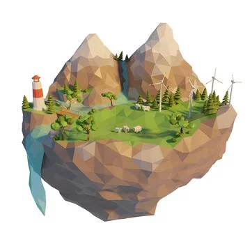 3d wind farm on a floating low poly island. Eco clean energy concept. Stock Illustration