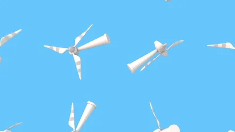 3D Wind Turbine Models Falling on a Light Blue Background. Wind Energy. 4K Stock Footage 287991698