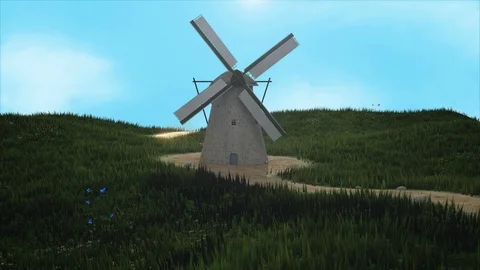 3D Windmill Landscape Rendering Stock Footage 100547440