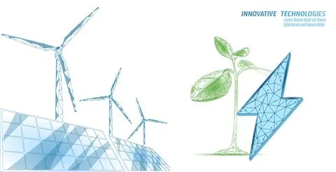 3D windmills ecology forest concept. Save environment wind green tree energy Stock Illustration