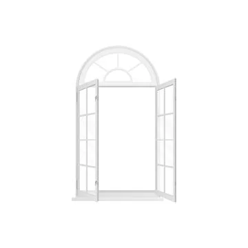 3D window with arch white frame and two open sashes with sections inside Ilustración de archivo