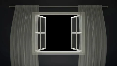 3D Window with Curtains Opening in Dark Room Screen Transition Stock Footage 274454943