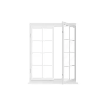 3D window with white frame, clear glass and one open sash on hinges Illustrazione stock
