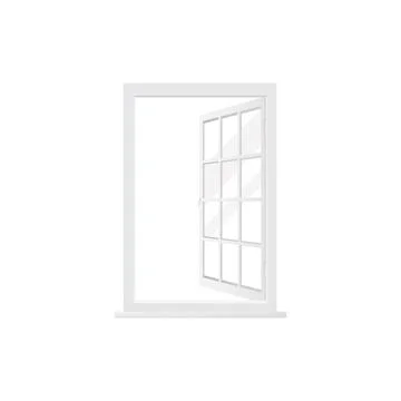 3D window with white frame open one sash divided into square sections Ilustración de archivo