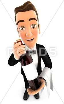 3d wine waiter holding red wine bottle Stock Illustration