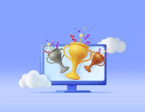 3D Winner Computer with Gold Trophy and Confetti Illustrazione stock