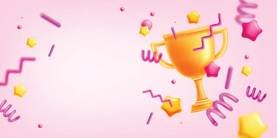 3D winner trophy background, vector happy celebration award, golden cup Stockillustratie
