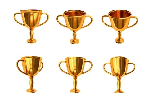 3D Winners gold cups. Set of golden trophy bowls champion award isolated on Illustrazione stock