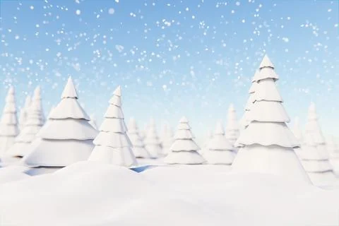 3D winter forest under blue sky during snowfall Illustrazione stock