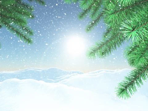 3D winter landscape with Christmas tree branches Stock Illustration