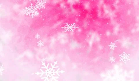 3D winter snow flakes particles falling on pink gradient background. イラスト素材