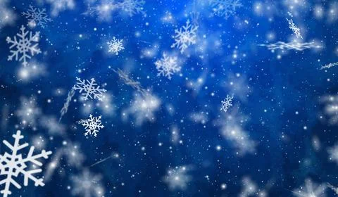 3D winter snow flakes particles falling on blue gradient background. Illustrazione stock