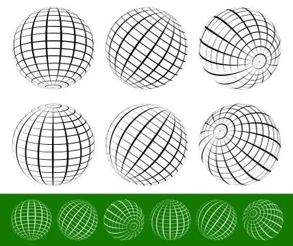 3D Wire-frame, gridded spheres set Illustrazione stock