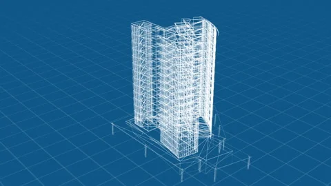 3D Wireframe Architectural Design of Modern High-Rise Building in Virtual Spa Vídeos de archivo 344721405