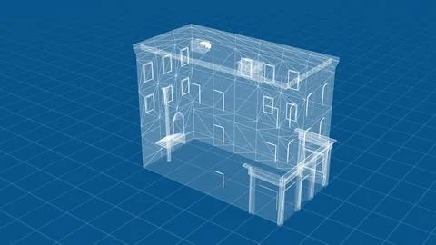3D Wireframe Architectural Visualization of a Classic Building Design Stock Illustration