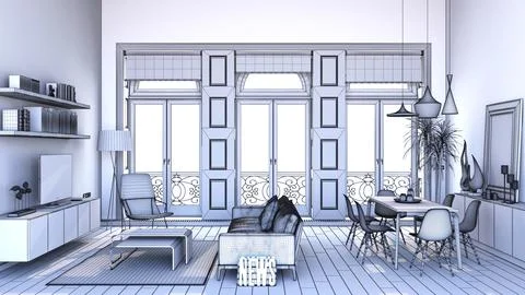 3d wireframe arhitectural rendering of modern living room interior design. Stock Illustration