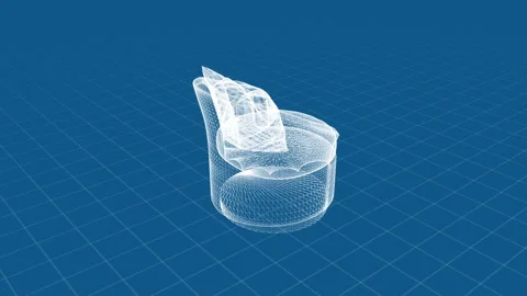 3D Wireframe Armchair Model on Blue Grid Surface with Modern Visualization Stock Footage 344528998