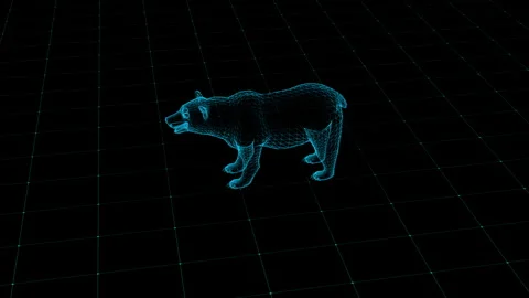 3D Wireframe Bear on Grid Background, Digital Art in Cyber Blue Glow Display Stock Footage 342249010