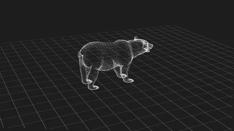 3D Wireframe Bear Model in Monochrome on Grid Background Visualization Stock Footage 342249097