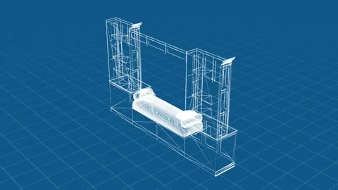 3D Wireframe Blueprint of Modern Bed Architecture on Grid Background Stock Footage 344726799