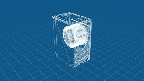 3D Wireframe Blueprint of a Washing Machine on Technical Grid Background Stock Footage 344659319
