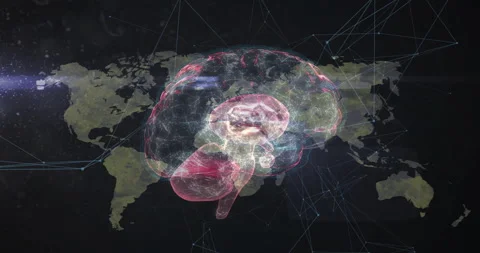 3D wireframe brain appearing triggers rotating and pulsing pathways visualizing Video stock 313639630