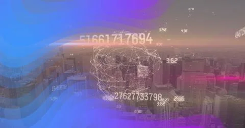 3D wireframe brain network floating over city with data labels, mesh nodes and Stock Photos