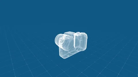 3D Wireframe Camera Model Design on Blue Grid Background Visualization Stock-Footage 342718686