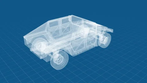 3D Wireframe Car Design on Blue Grid: Technical Vehicle Model Visualization Stock Footage 344735268