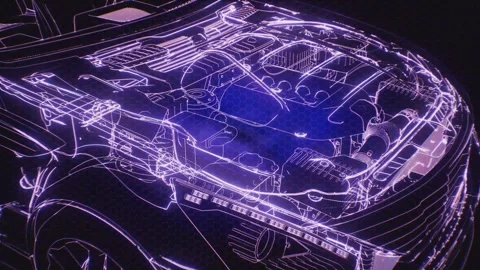 3D Wireframe Car Engine Holographic Animation Stock Footage 306051763
