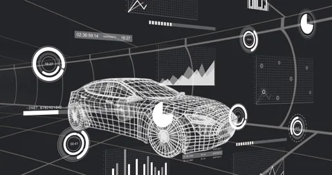 3D wireframe car model moving within grid studio displaying circular timers line Stock Footage 307443585
