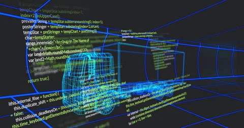 3D wireframe car rotating inside round blue tunnel, code snippets scrolling Stock Footage 309145870